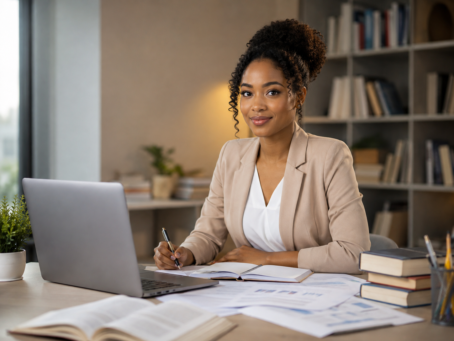 African academic professional working with books, laptop and research papers
