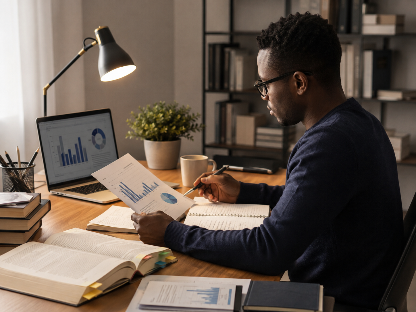 African researcher analysing data, charts and academic materials